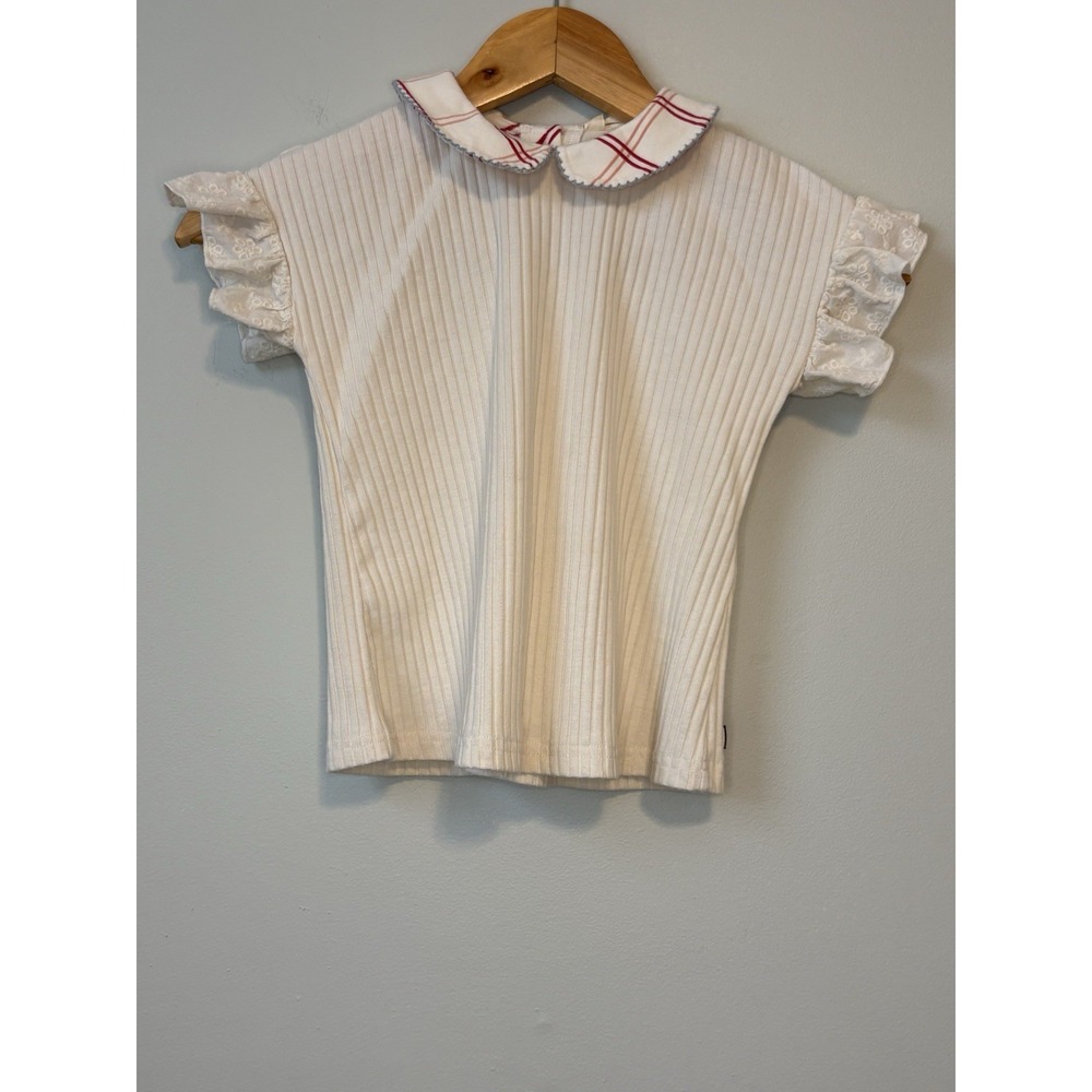 Matilda Jane Girls Ivory Red Collared Striped Ruffle Sleeve Button Blouse Size 6